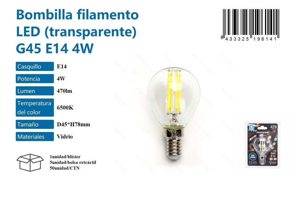 Bombilla LED de filamento transparente G45 E14 4W 6500K 470LM