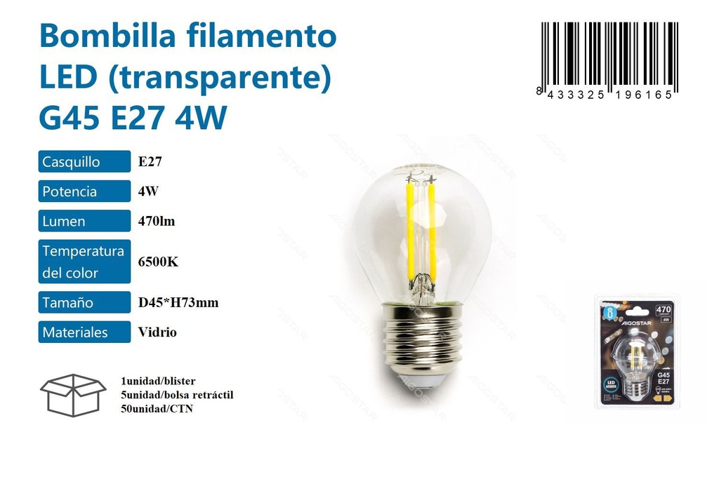 Bombilla LED transparente G45 E27 4W 6500K 470lm para iluminación