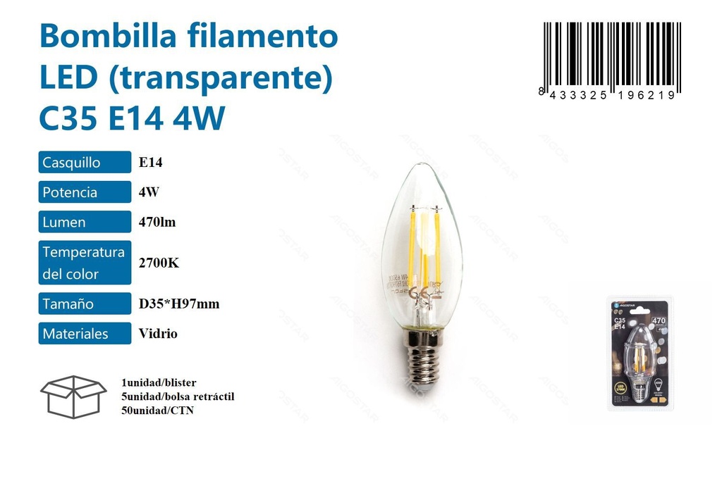 Bombilla LED filamento transparente C35 E14 4W 2700K 470Lm