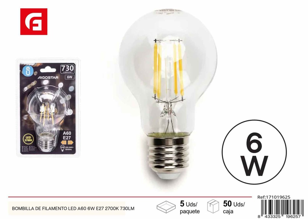 Bombilla de filamento LED transparente A60 E27 6W 2700K 730LM