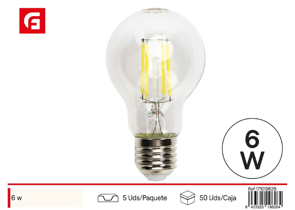 Bombilla LED filamento transparente A60 E27 6W 6500K 780LM