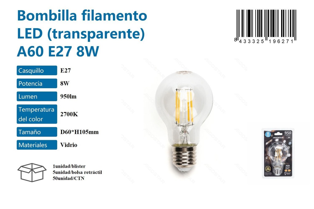 Bombilla de filamento LED transparente A60 E27 8W 2700K 950lm