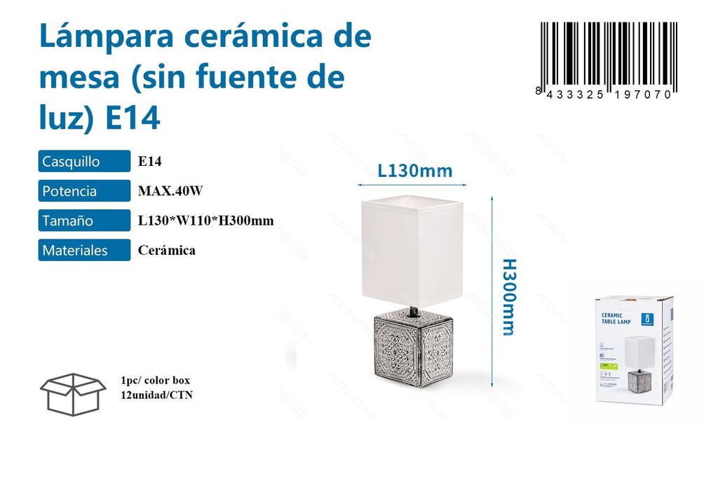 Lámpara de cerámica de mesa sin fuente de luz E14 max.40W para iluminación