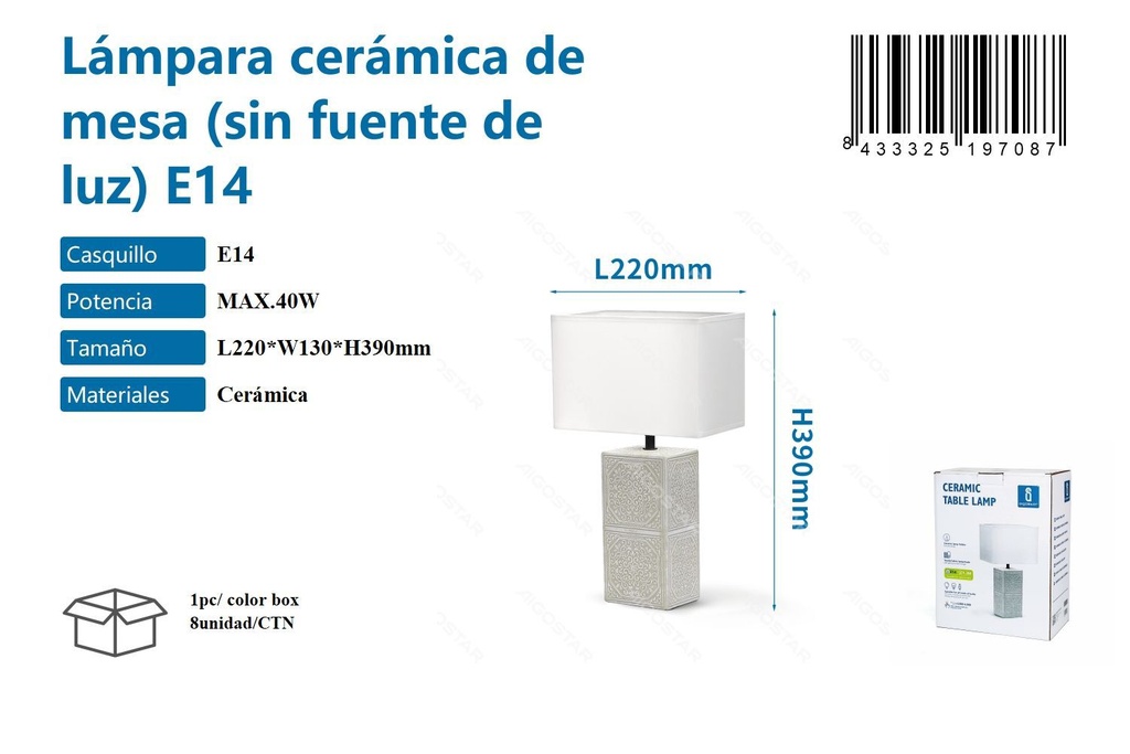 Lámpara de mesa cerámica sin fuente de luz E14 max.40W