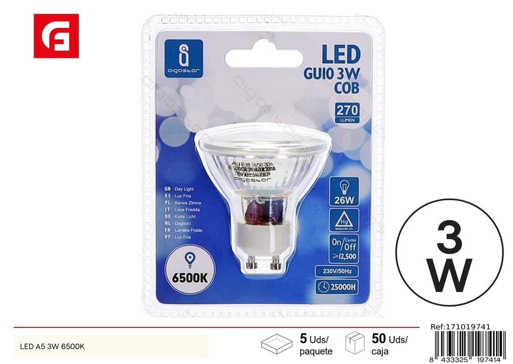 Bombilla LED GU10 COB 3W 6500K 250LM para iluminación