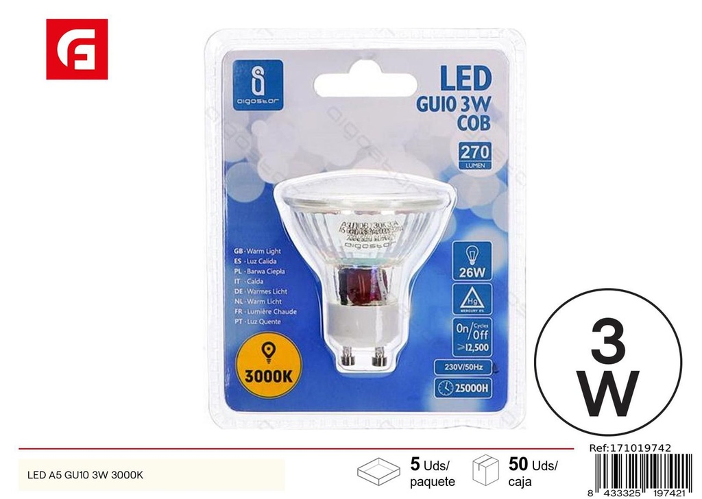 Bombilla LED GU10 COB 3W 3000K 250LM para iluminación eficiente