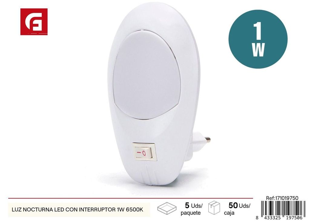 Luz nocturna LED con interruptor 1W 6500K para niños