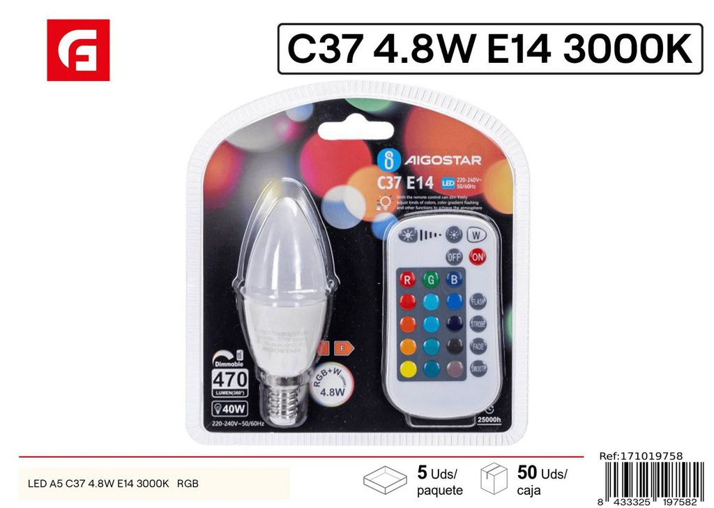 Lámpara LED C37 E14 4.8W RGB 3000K+RGB