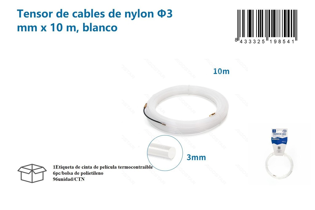 Tensor de cables de nylon blanco Φ3mm x 10m para sujeción