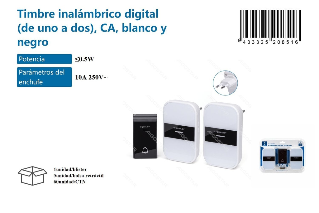 Timbre digital inalámbrico (de uno a dos) blanco y negro