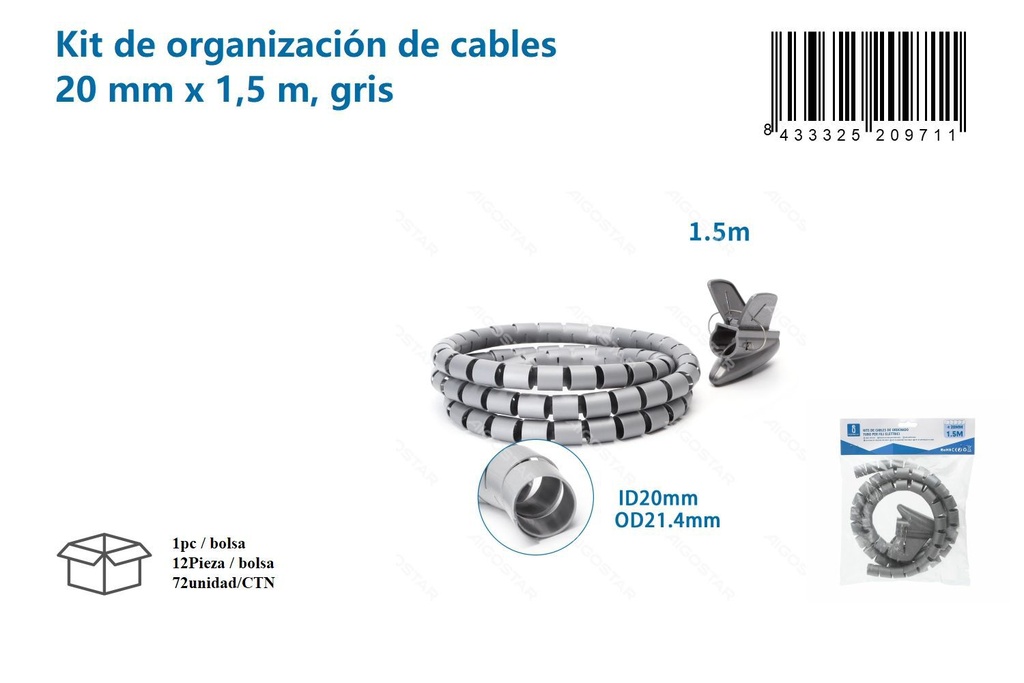 Kit de organización de cables 20mm x 1.5m gris para gestión de cables