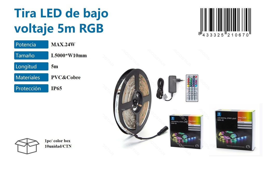 Tira LED de bajo voltaje 5m RGB max.24W - Iluminación y tiras de LED