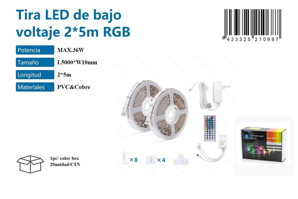 Tira LED bajo voltaje 2x5m RGB máx. 36W para iluminación