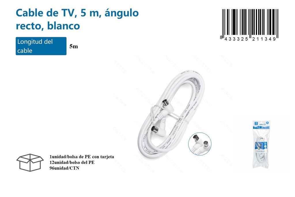 Cable de TV 5m ángulo recto blanco 