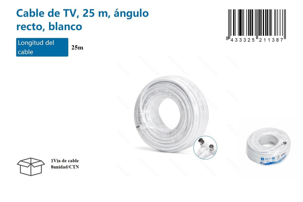 Cable de TV blanco 25m con conector en ángulo recto