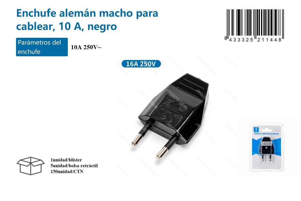 Enchufe alemán macho para cablear, 10A, negro