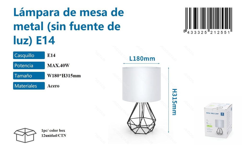 Lámpara de mesa de metal E14 max 40W para hogar