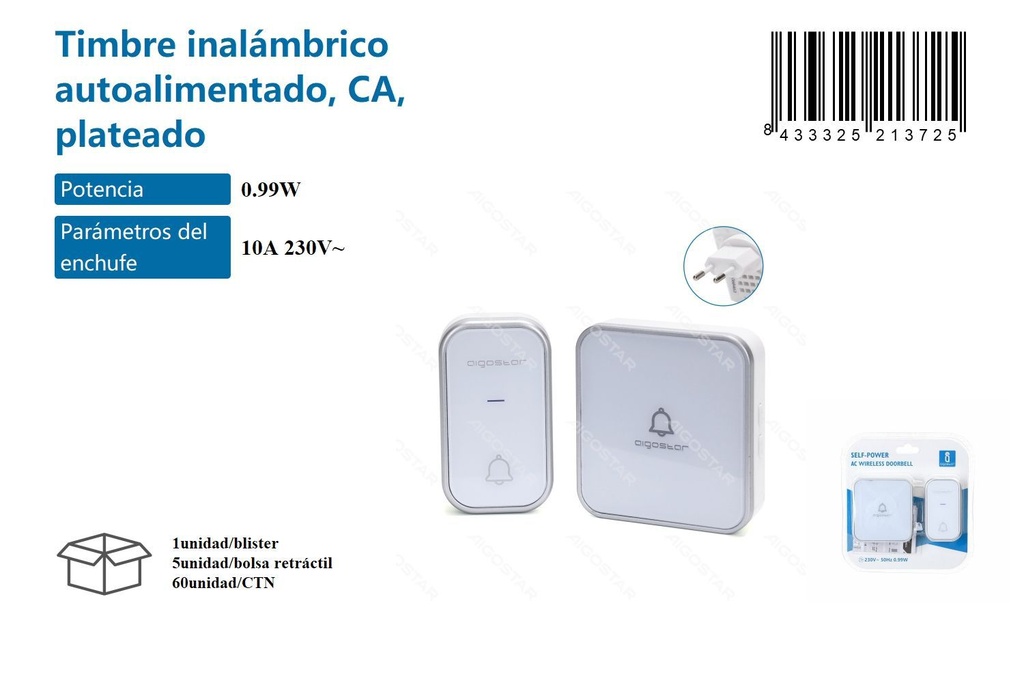 Timbre inalámbrico autoalimentado plateado