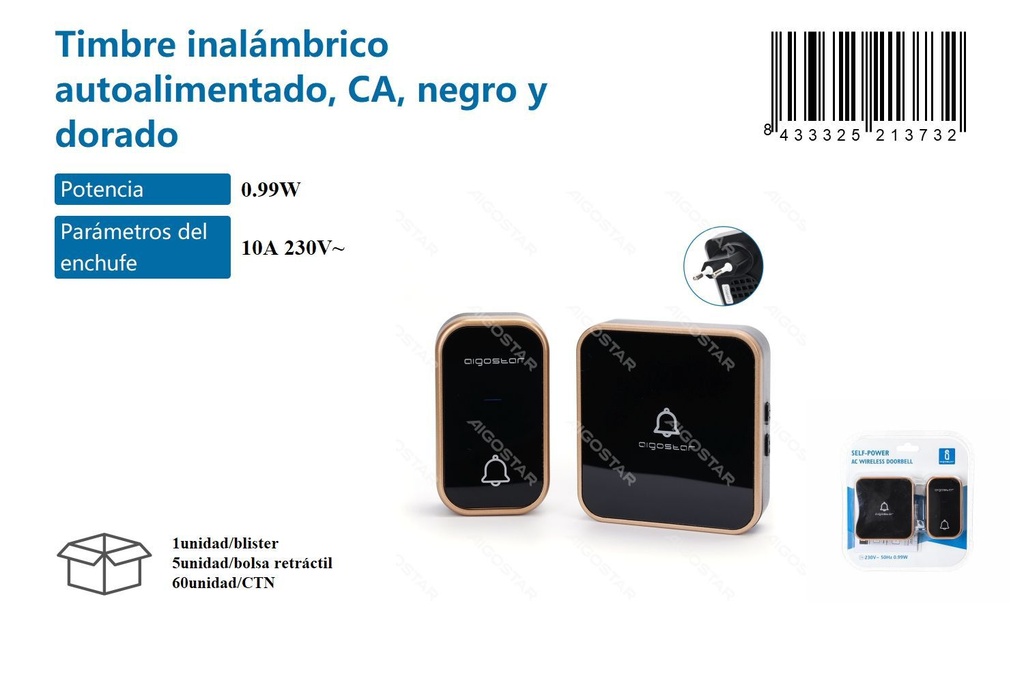 Timbre inalámbrico autoalimentado CA negro y dorado para hogar