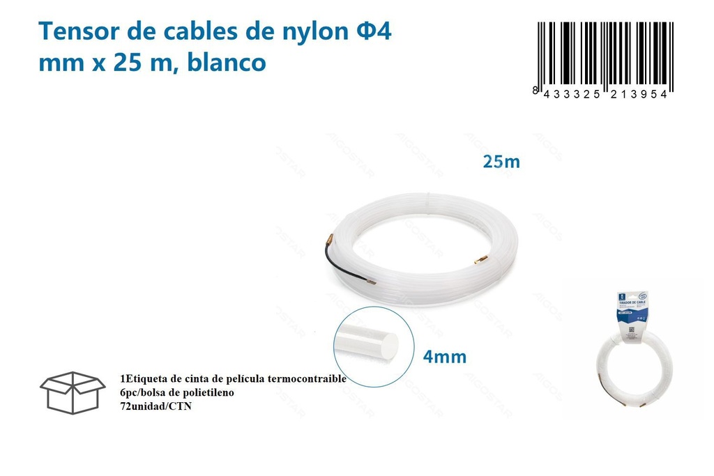 Tensor de cables de nylon f4mm x 25m blanco para instalaciones eléctricas