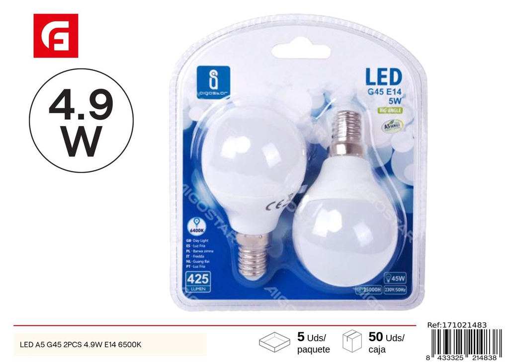 Bombilla LED G45 E14 4.9W 2 piezas 6500K - Iluminación