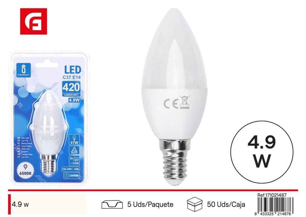 Bombilla LED C37 E14 4.9W 6500K para iluminación