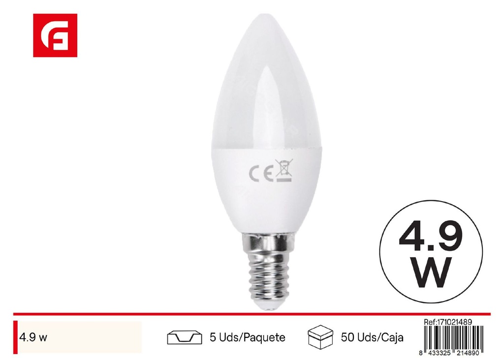 Bombilla LED C37 E14 4.9W 3000K para iluminación