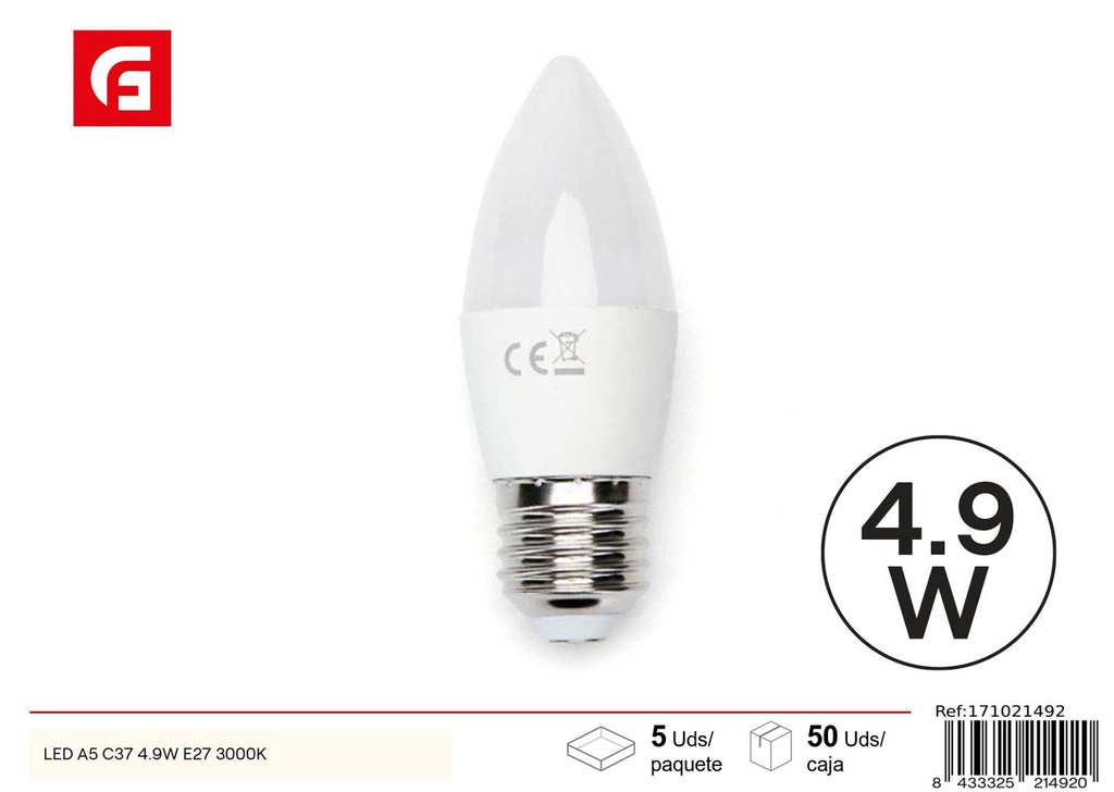 Bombilla LED C37 E27 4.9W 3000K luz cálida