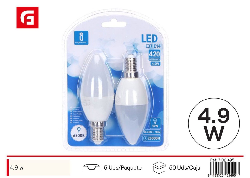 Bombilla LED C37 E14 4.9W 2 piezas 6500K luz fría para iluminación