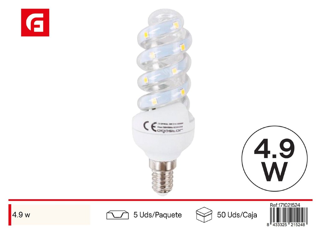 Bombilla LED espiral E14 4.9W 6500K para iluminación