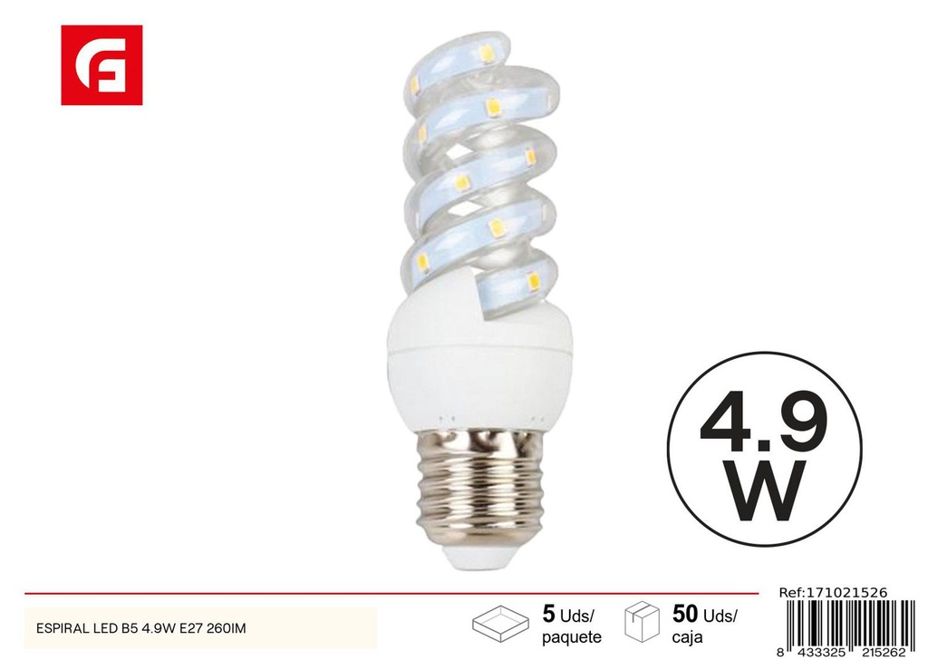 Bombilla LED espiral E27 4.9W 6500K para iluminación