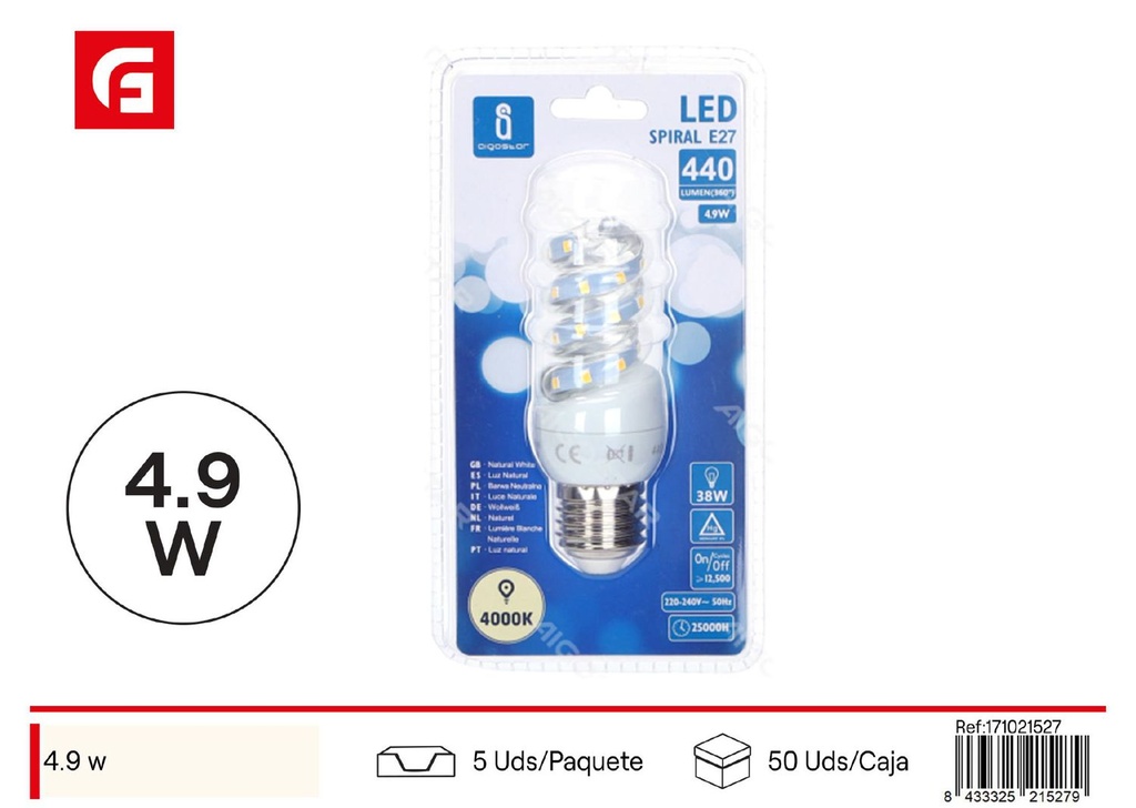 Bombilla espiral LED B5 4.9W E27 4000K para iluminación