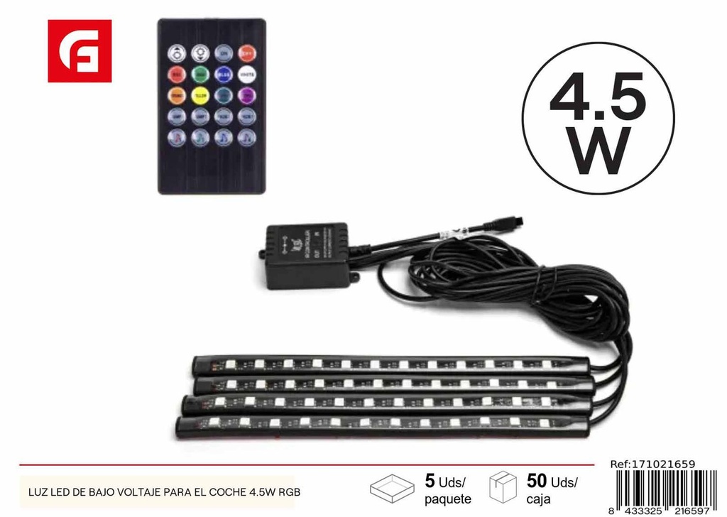 Tira LED RGB para coche 4*0.225m 4.5W para iluminación