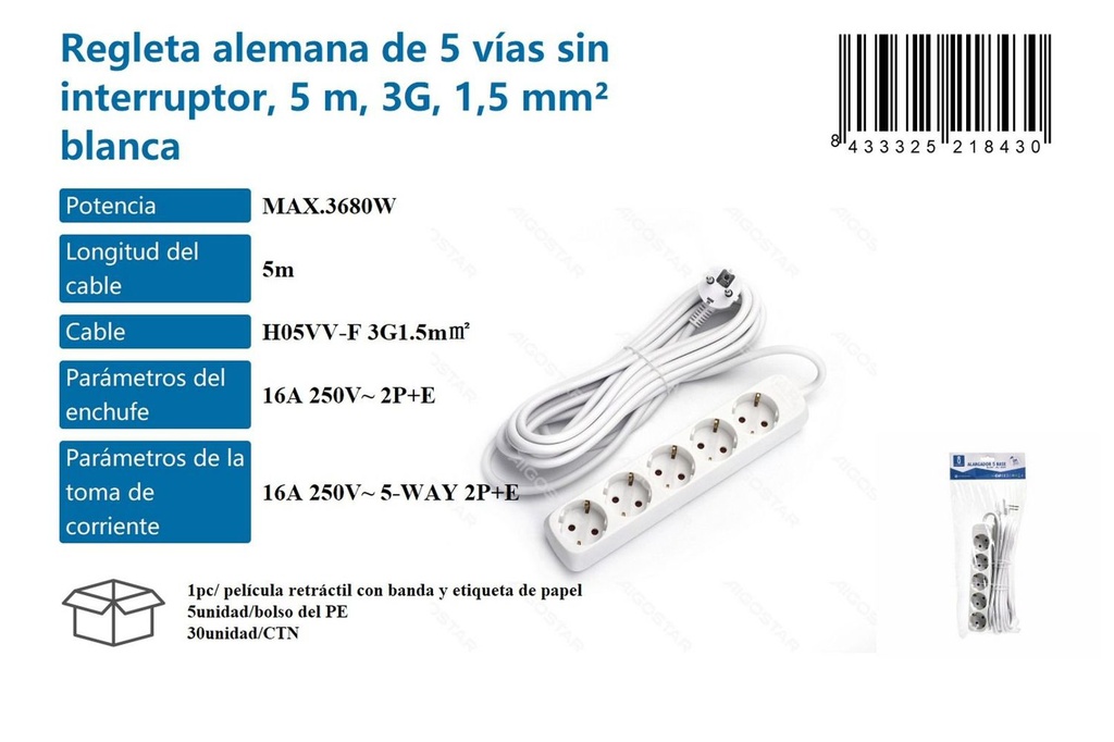 Regleta alemana de 5 vías sin interruptor 5m blanca para electricidad