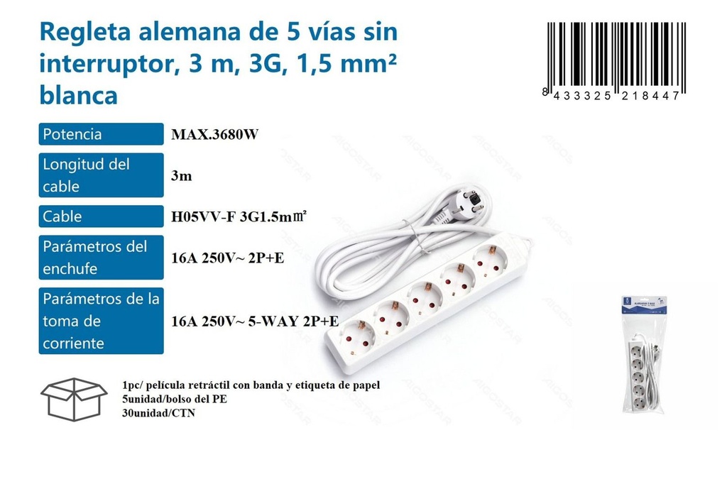 Regleta alemana de 5 vías sin interruptor 3 metros blanca para electricidad