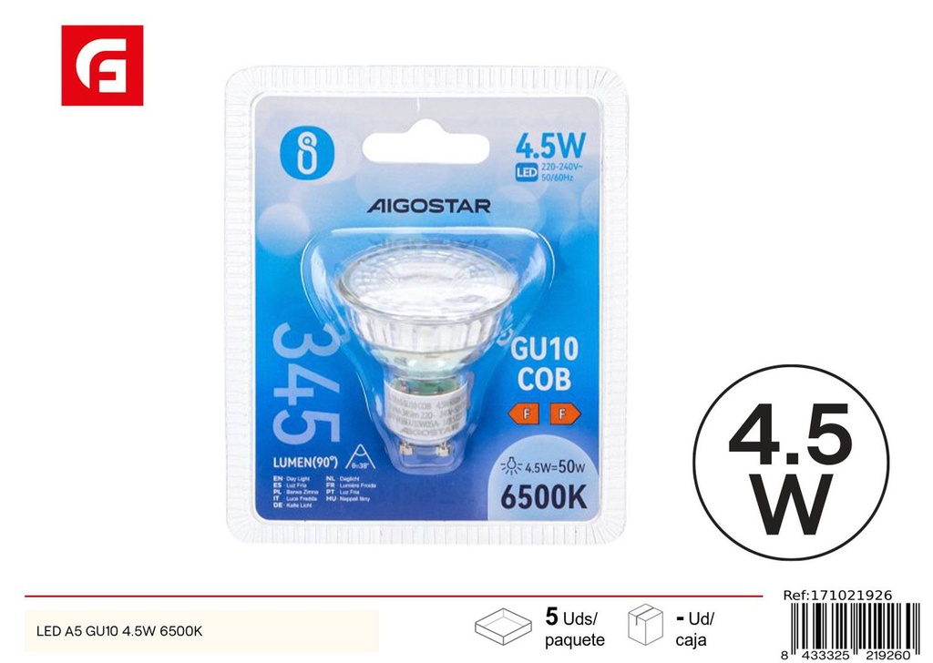 Bombilla LED GU10 COB 4.5W 6500K 345lm para iluminación