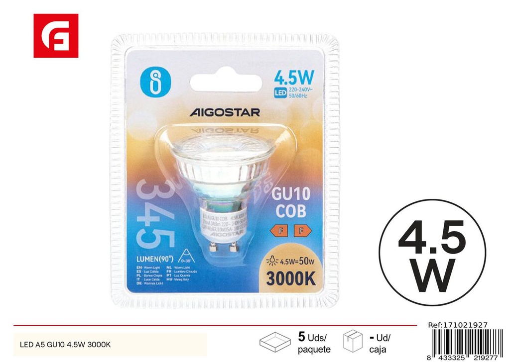 Bombilla LED GU10 COB 4.5W 3000K 345LM