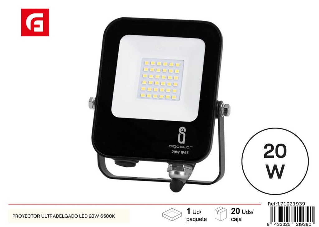 Proyector LED negro 20W 6500K IP65 para exteriores