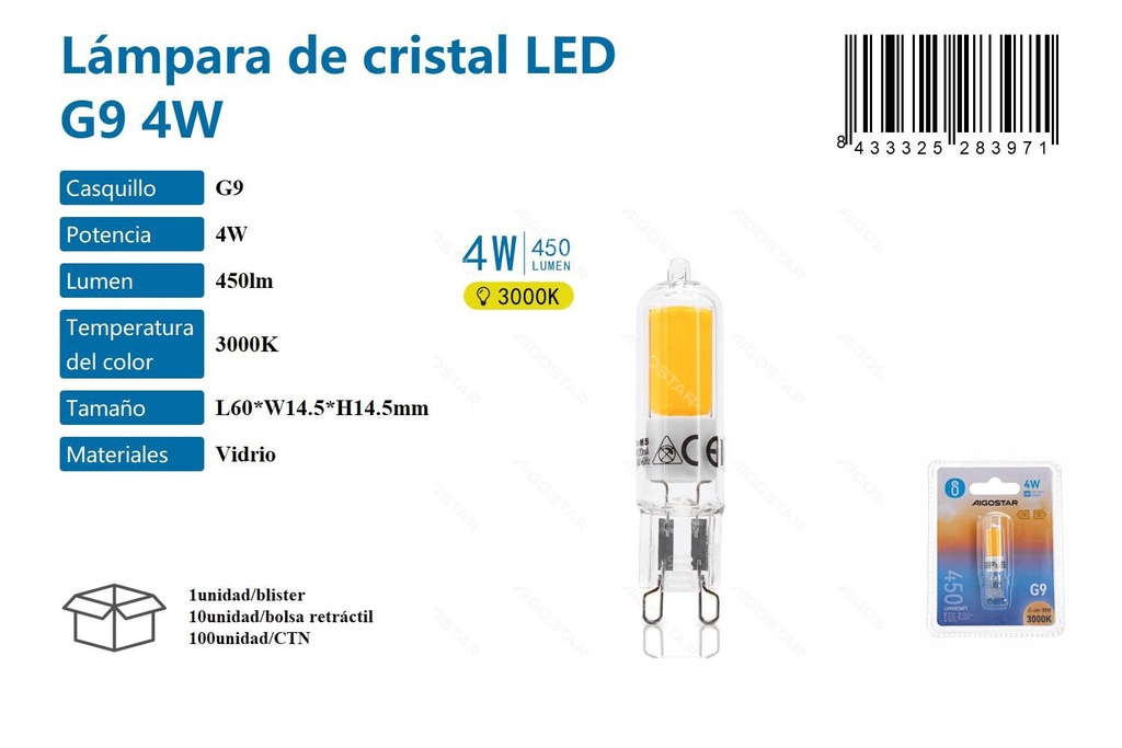 Lámpara de cristal LED G9 4W 3000K bombilla decorativa