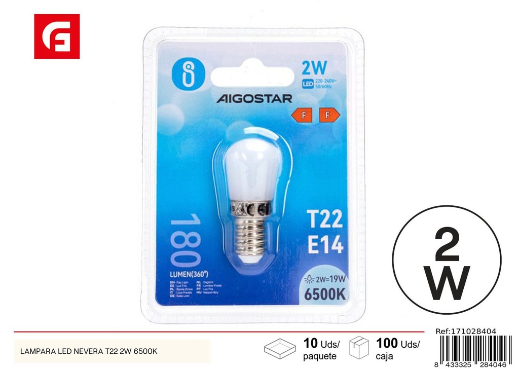 Bombilla LED para frigorífico T22 E14 2W 6500K