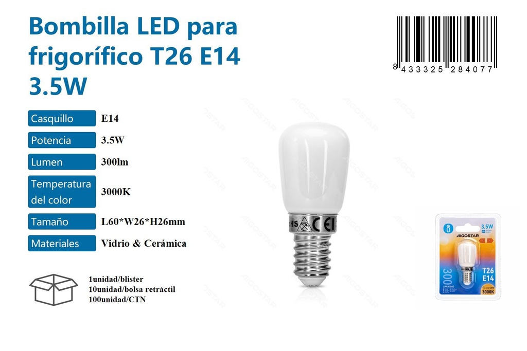 Bombilla LED para frigorífico T26 E14 3.5W 3000K