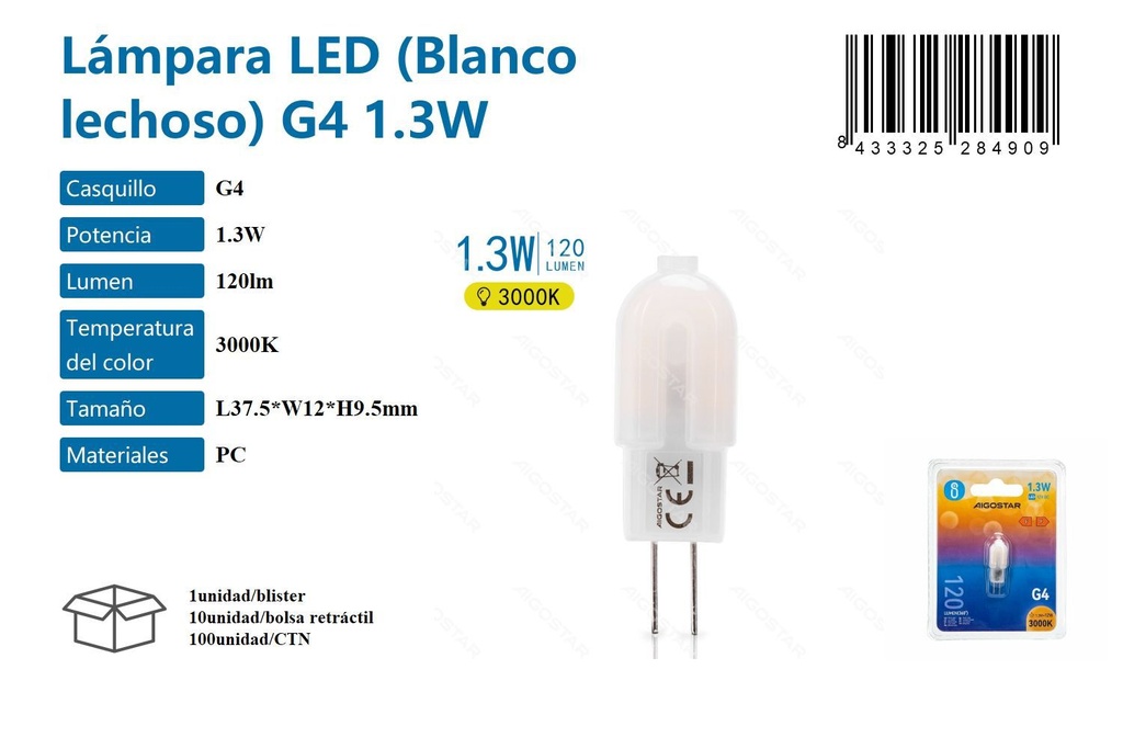 Lámpara LED blanco lechoso G4 1.3W 3000K para iluminación eficiente