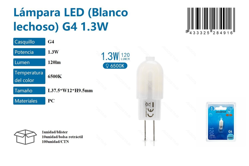 Lámpara LED blanco lechoso G4 1.3W 6500K para iluminación