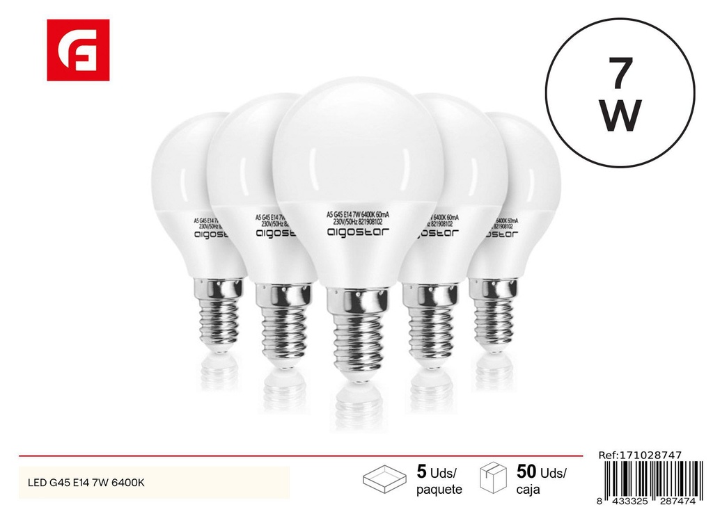 Bombilla LED G45 E14 7W 6500K para iluminación