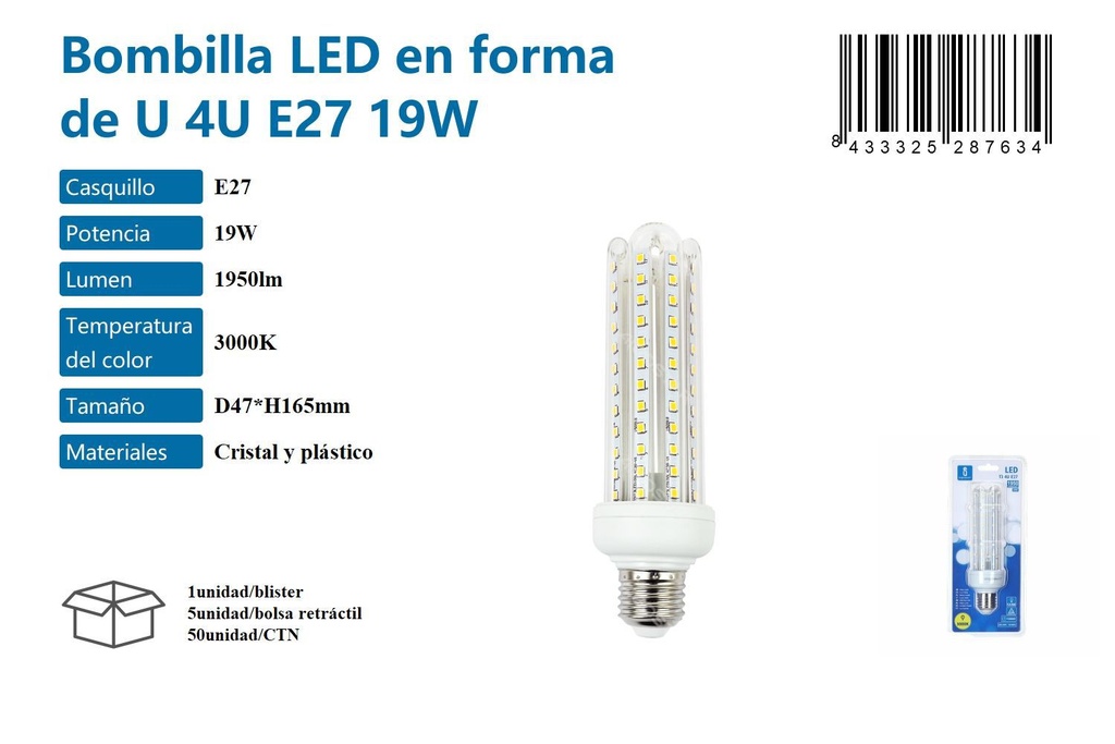 Bombilla LED en forma de U 4U E27 19W 3000K para iluminación