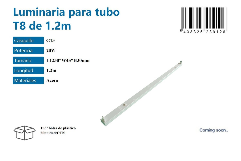 Luminaria para tubo T8 de 1.2m 20W G13 para iluminación