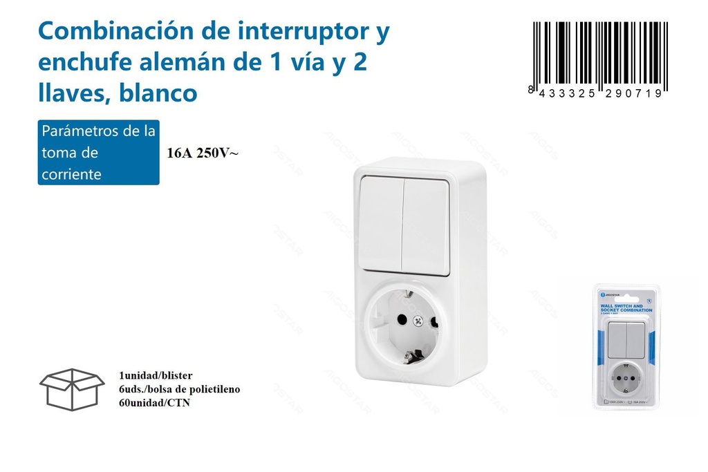 Combinación de interruptor y enchufe alemán de 1 vía y 2 llaves, blanco