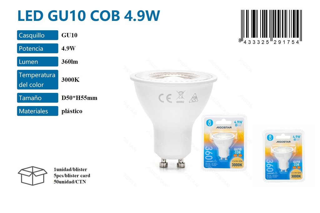 Foco LED GU10 COB 4.9W 3000K 360lm para iluminación