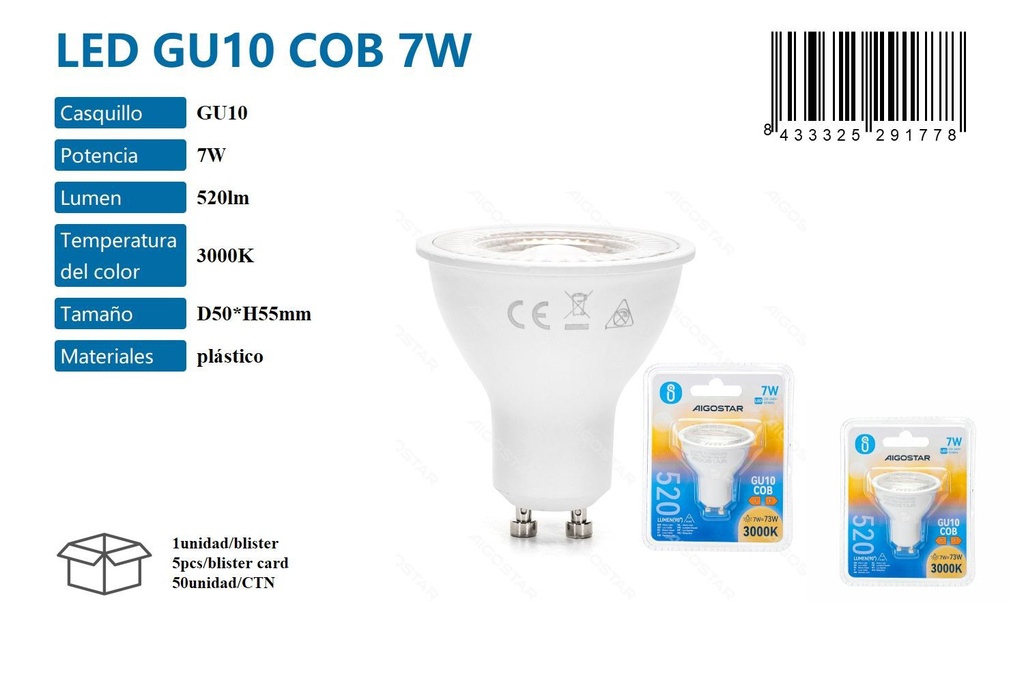 Foco LED GU10 COB 7W 3000K 520LM para iluminación