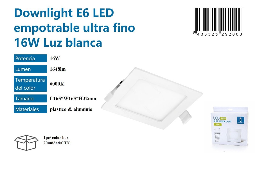 Plafón LED empotrable ultrafino 16W luz blanca 6000K